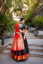 Thumbnail for Lorenvalley Black Jacquard Silk Paithani Zari Weaving Work Lehenga Choli with Dupatta - Distacart