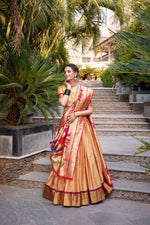 Thumbnail for Lorenvalley Chiku Jacquard Silk Paithani Zari Weaving Work Lehenga Choli with Dupatta - Distacart