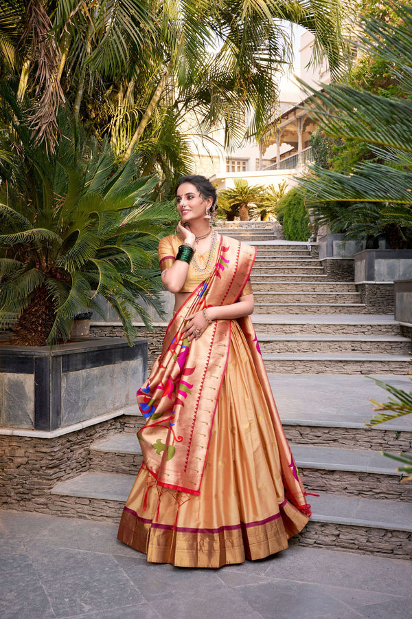 Lorenvalley Chiku Jacquard Silk Paithani Zari Weaving Work Lehenga Choli with Dupatta - Distacart