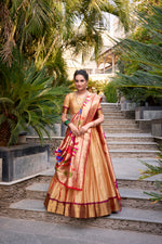 Thumbnail for Lorenvalley Chiku Jacquard Silk Paithani Zari Weaving Work Lehenga Choli with Dupatta - Distacart