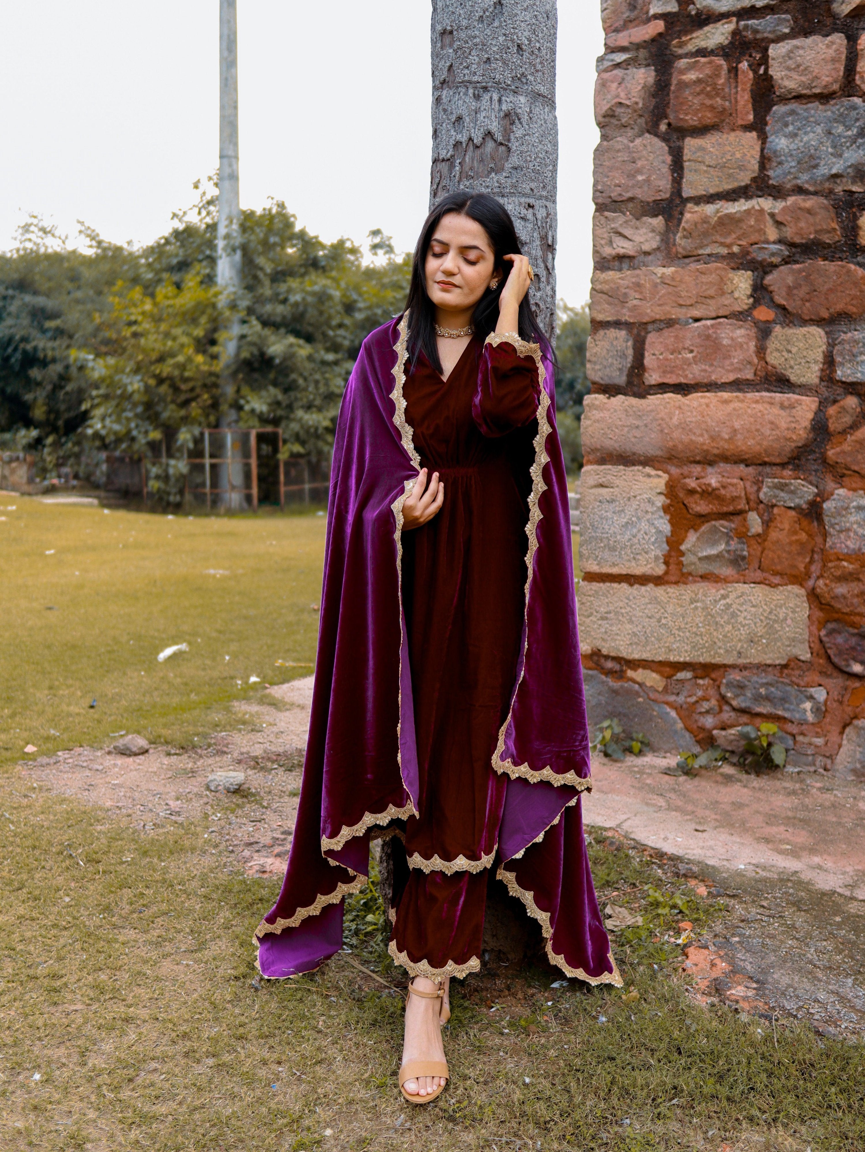 trueBrowns Wine Velvet Lace Shawl - Distacart