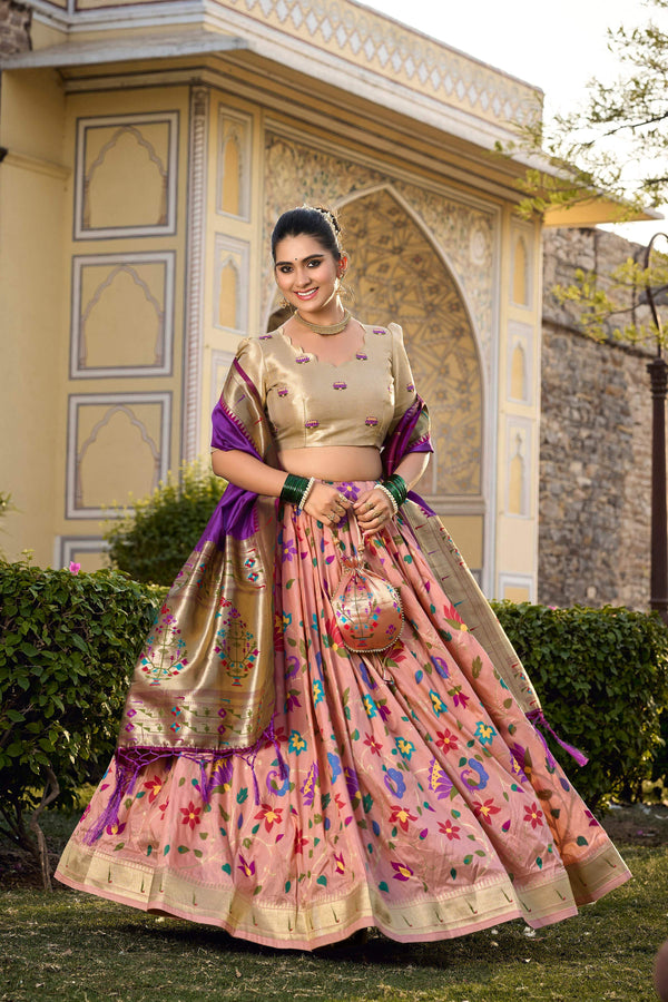 Lorenvalley Fashion Peach Jacquard Silk Paithani Weaving Zari Work Lehenga Choli with Dupatta