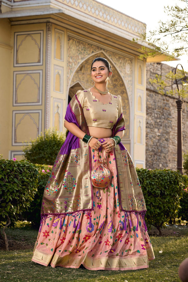 Lorenvalley Fashion Peach Jacquard Silk Paithani Weaving Zari Work Lehenga Choli with Dupatta