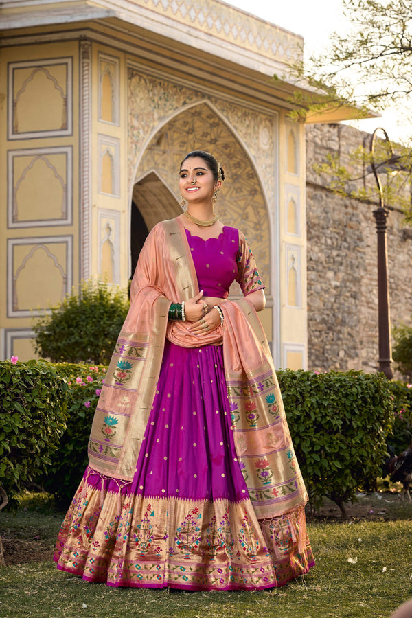 Lorenvalley Fashion Purple Jacquard Silk Paithani Weaving Zari Work Lehenga Choli with Dupatta