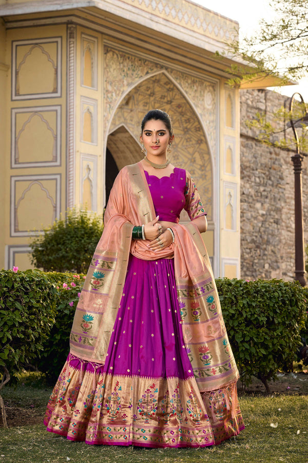 Lorenvalley Fashion Purple Jacquard Silk Paithani Weaving Zari Work Lehenga Choli with Dupatta