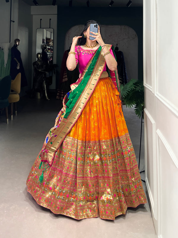 Lorenvalley Orange Jacquard Silk Paithani Zari Weaving Work Lehenga Choli with Dupatta - Distacart