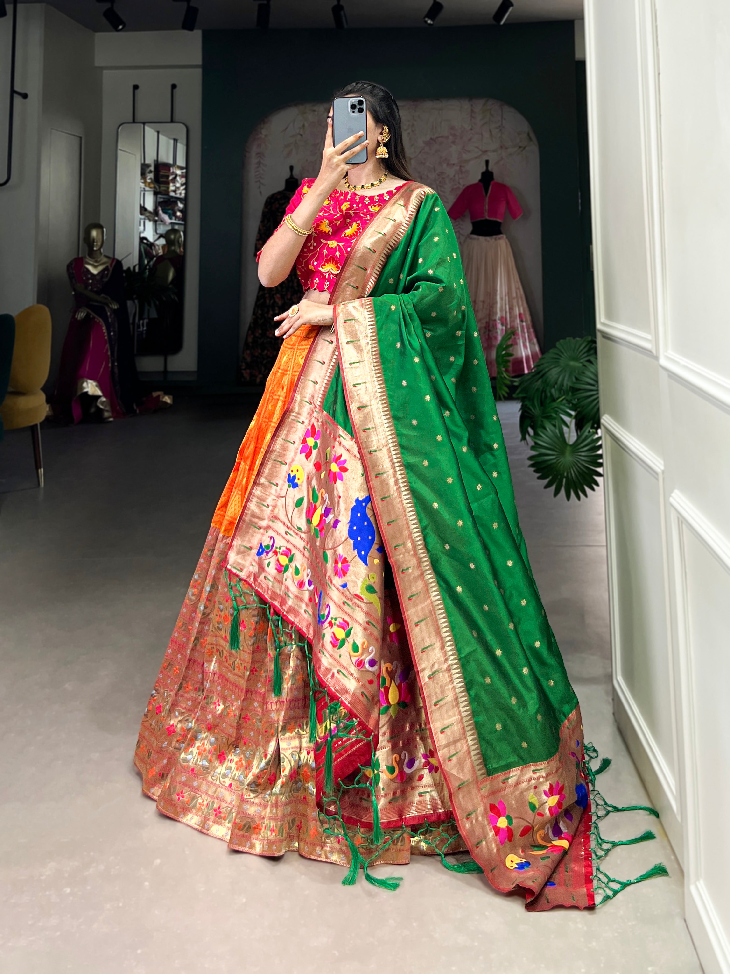 Lorenvalley Orange Jacquard Silk Paithani Zari Weaving Work Lehenga Choli with Dupatta - Distacart