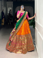 Thumbnail for Lorenvalley Orange Jacquard Silk Paithani Zari Weaving Work Lehenga Choli with Dupatta - Distacart