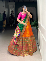 Thumbnail for Lorenvalley Orange Jacquard Silk Paithani Zari Weaving Work Lehenga Choli with Dupatta - Distacart