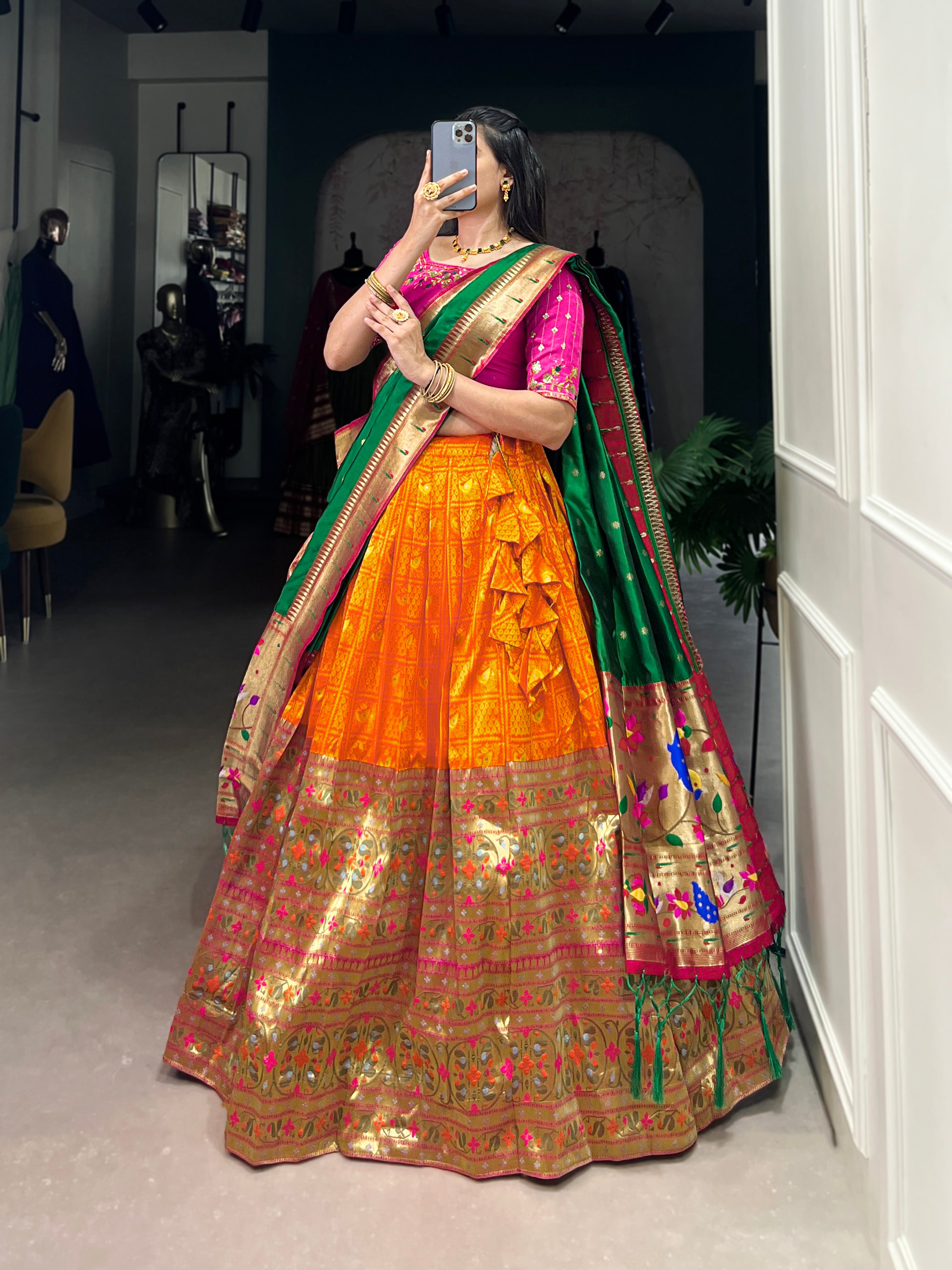 Lorenvalley Orange Jacquard Silk Paithani Zari Weaving Work Lehenga Choli with Dupatta - Distacart
