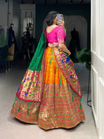 Thumbnail for Lorenvalley Orange Jacquard Silk Paithani Zari Weaving Work Lehenga Choli with Dupatta - Distacart