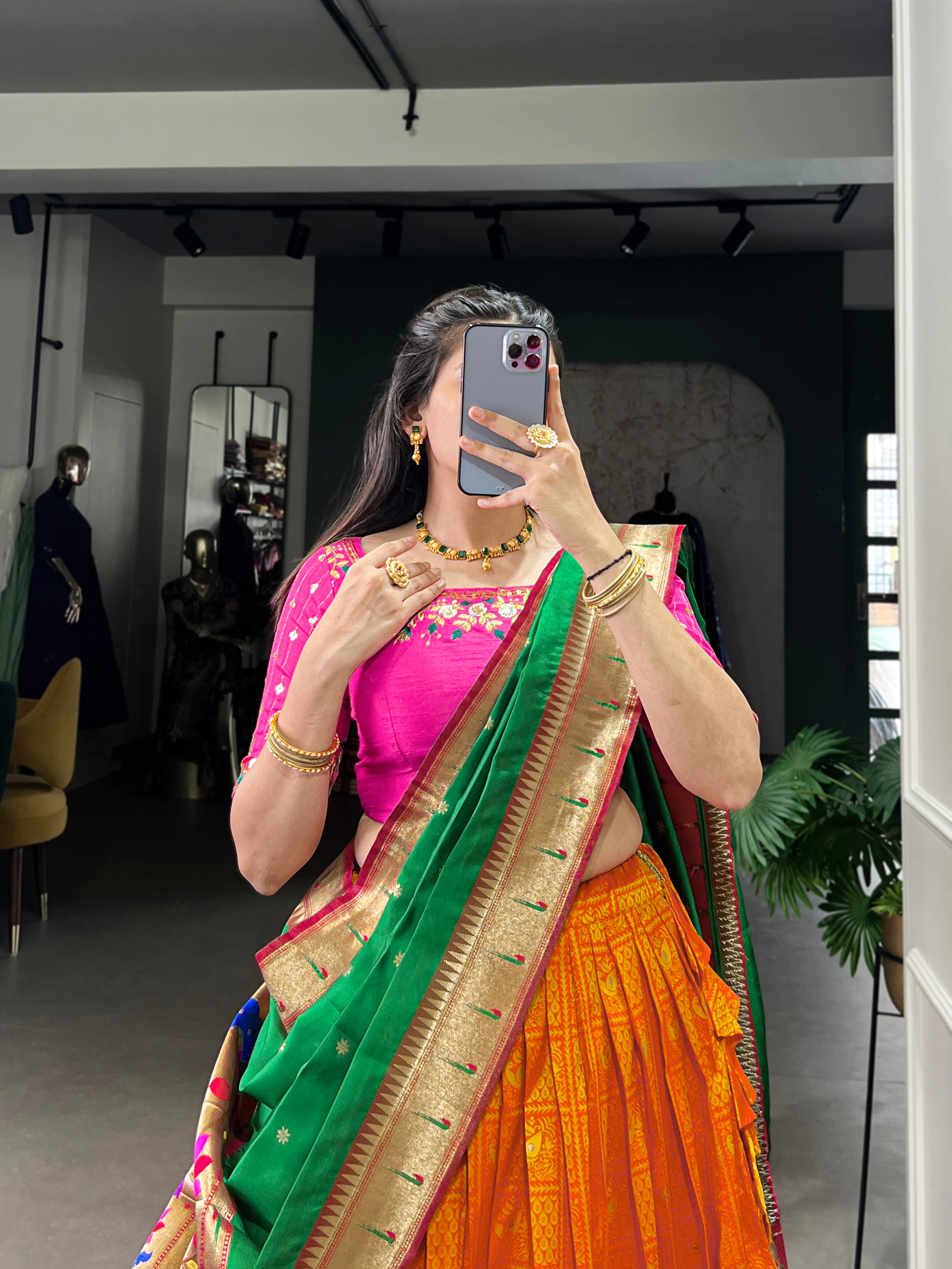 Lorenvalley Orange Jacquard Silk Paithani Zari Weaving Work Lehenga Choli with Dupatta - Distacart