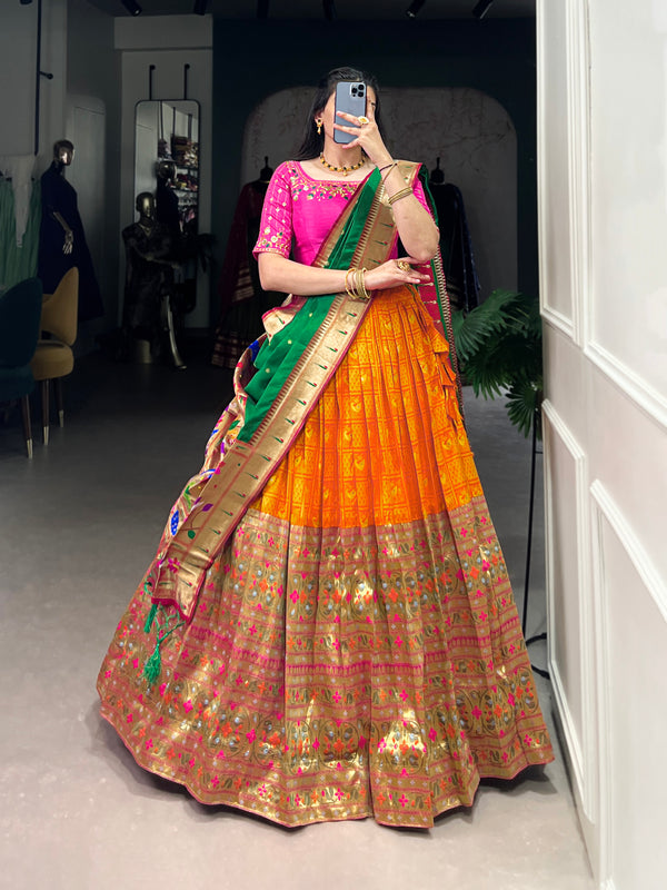 Lorenvalley Orange Jacquard Silk Paithani Zari Weaving Work Lehenga Choli with Dupatta - Distacart