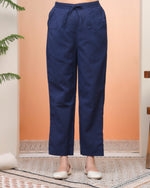 Thumbnail for Vaasva Women Royal Blue Cotton Flax Solid Straight Pants