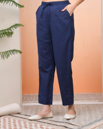 Thumbnail for Vaasva Women Royal Blue Cotton Flax Solid Straight Pants
