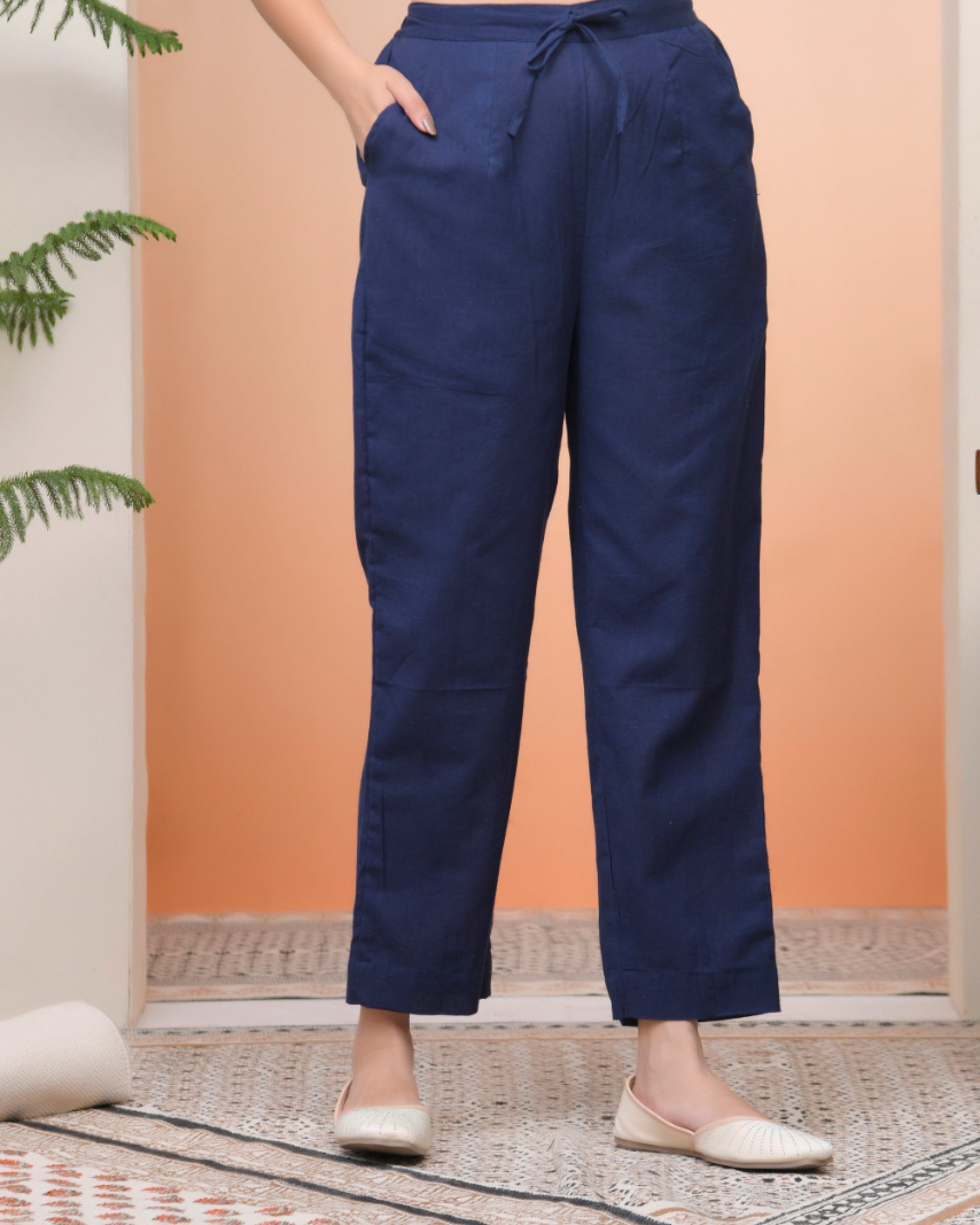 Vaasva Women Royal Blue Cotton Flax Solid Straight Pants