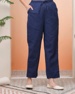 Thumbnail for Vaasva Women Royal Blue Cotton Flax Solid Straight Pants
