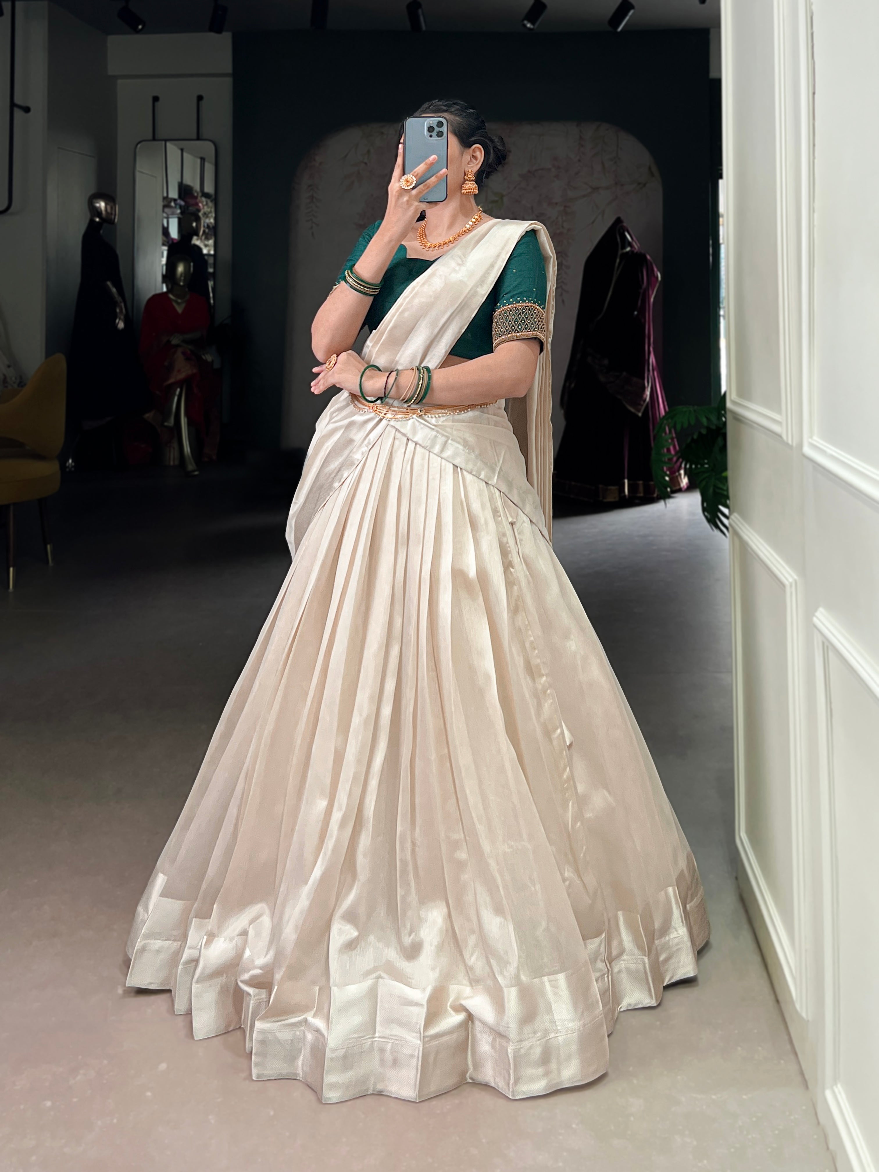 Lorenvalley Fashion White Poly Tasar Viscose Border Lehenga Choli with Dupatta