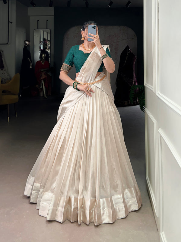 Lorenvalley Fashion White Poly Tasar Viscose Border Lehenga Choli with Dupatta