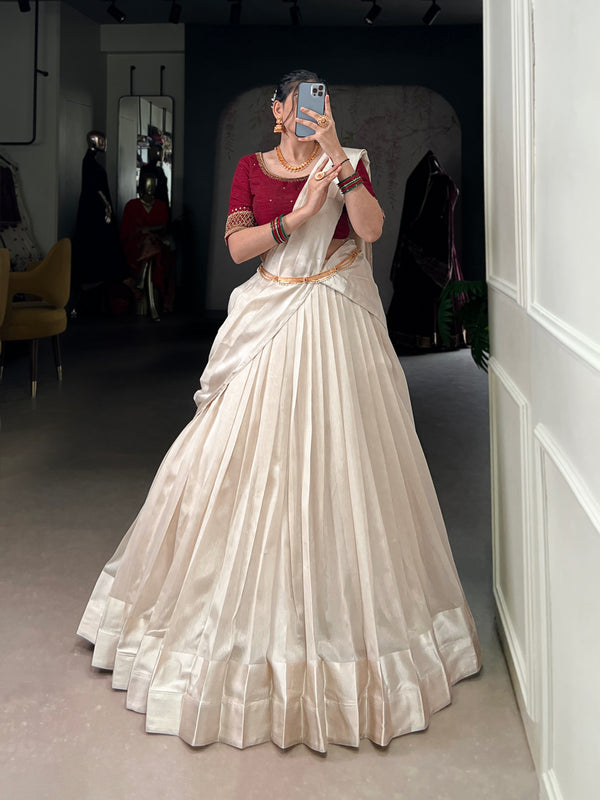 Lorenvalley Fashion White Poly Tasar Viscose Border Lehenga Choli with Dupatta