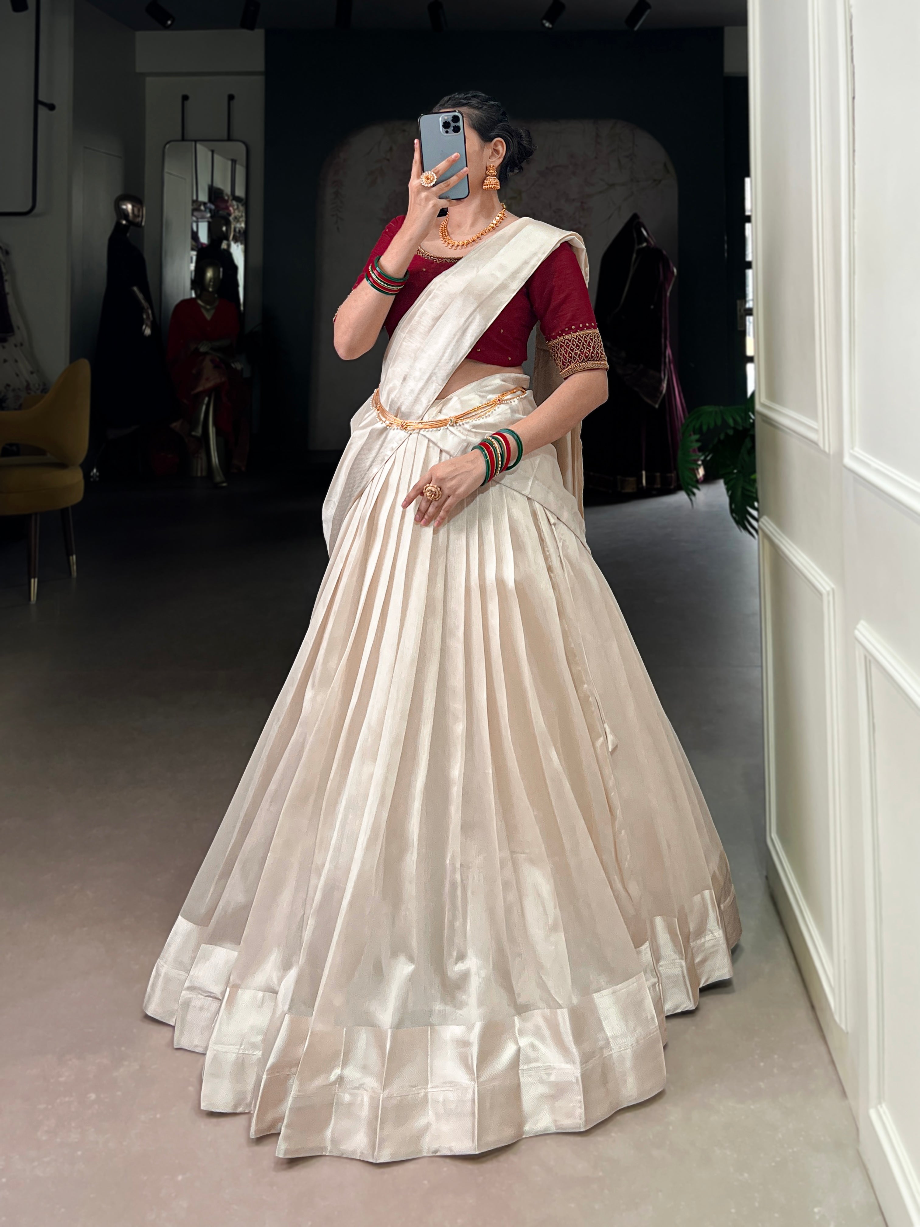 Lorenvalley Fashion White Poly Tasar Viscose Border Lehenga Choli with Dupatta