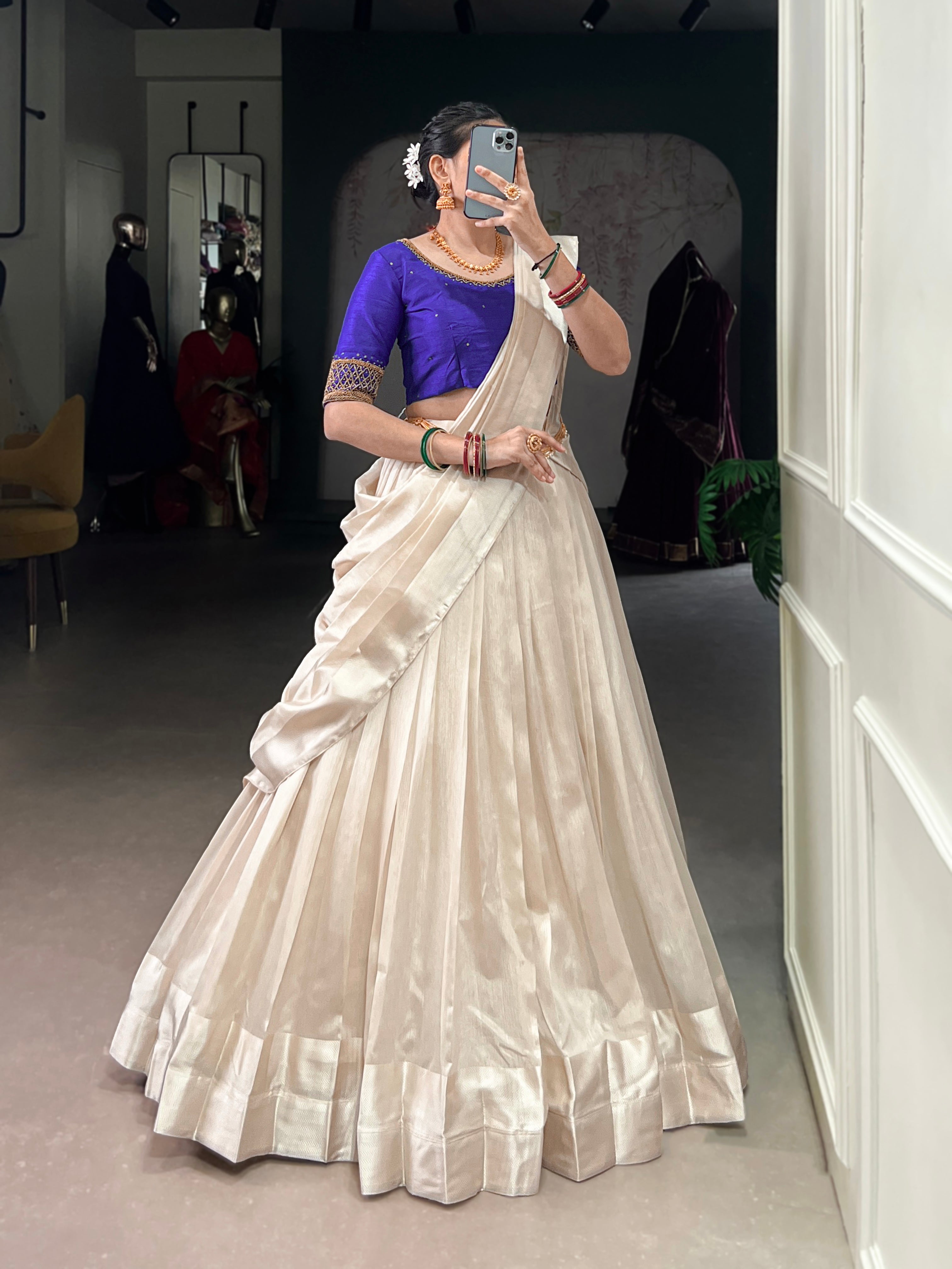 Lorenvalley Fashion White Poly Tasar Viscose Border Lehenga Choli with Dupatta