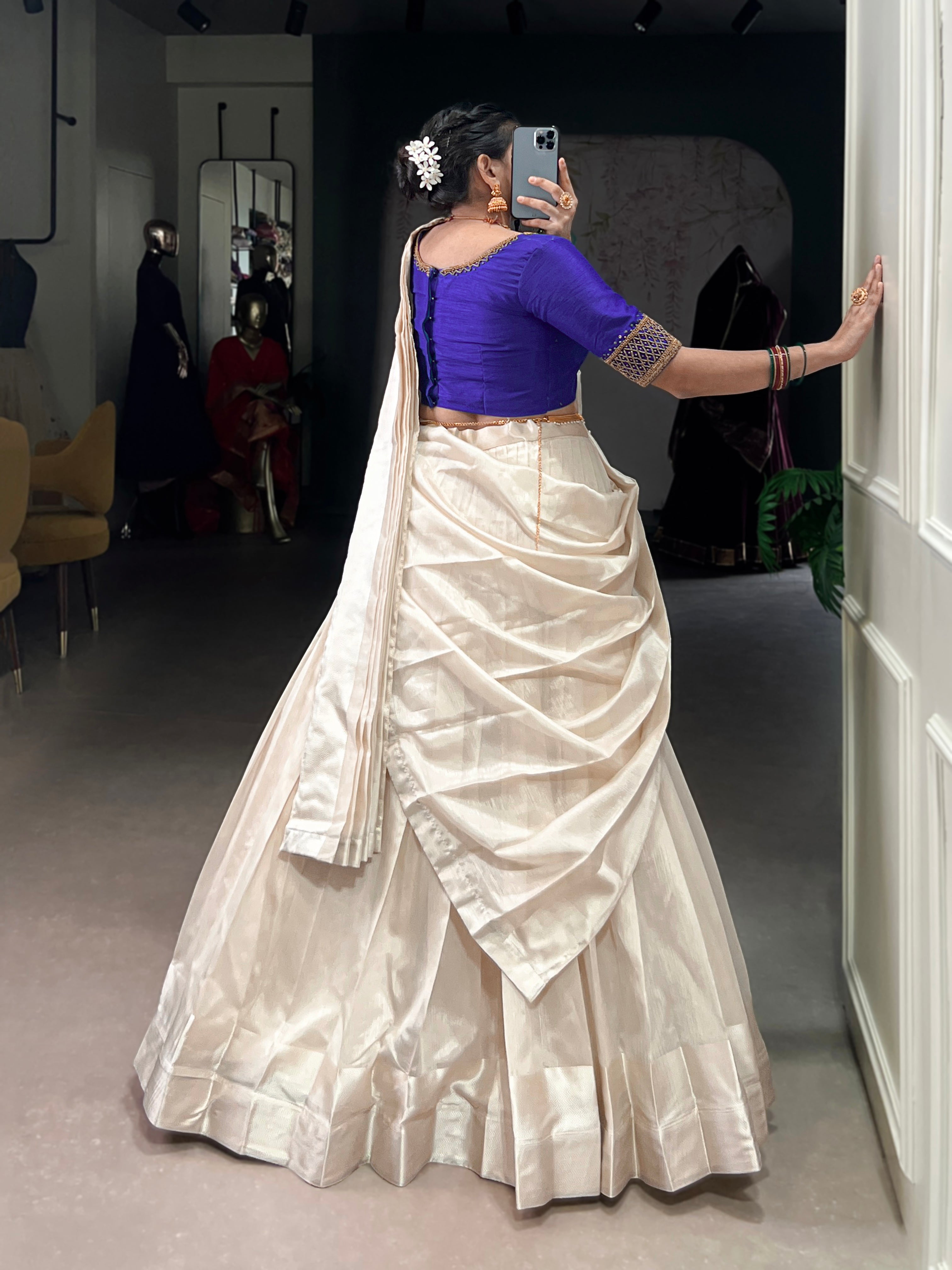 Lorenvalley Fashion White Poly Tasar Viscose Border Lehenga Choli with Dupatta