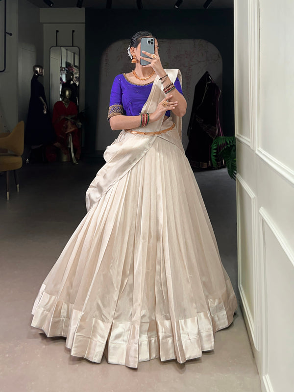 Lorenvalley Fashion White Poly Tasar Viscose Border Lehenga Choli with Dupatta