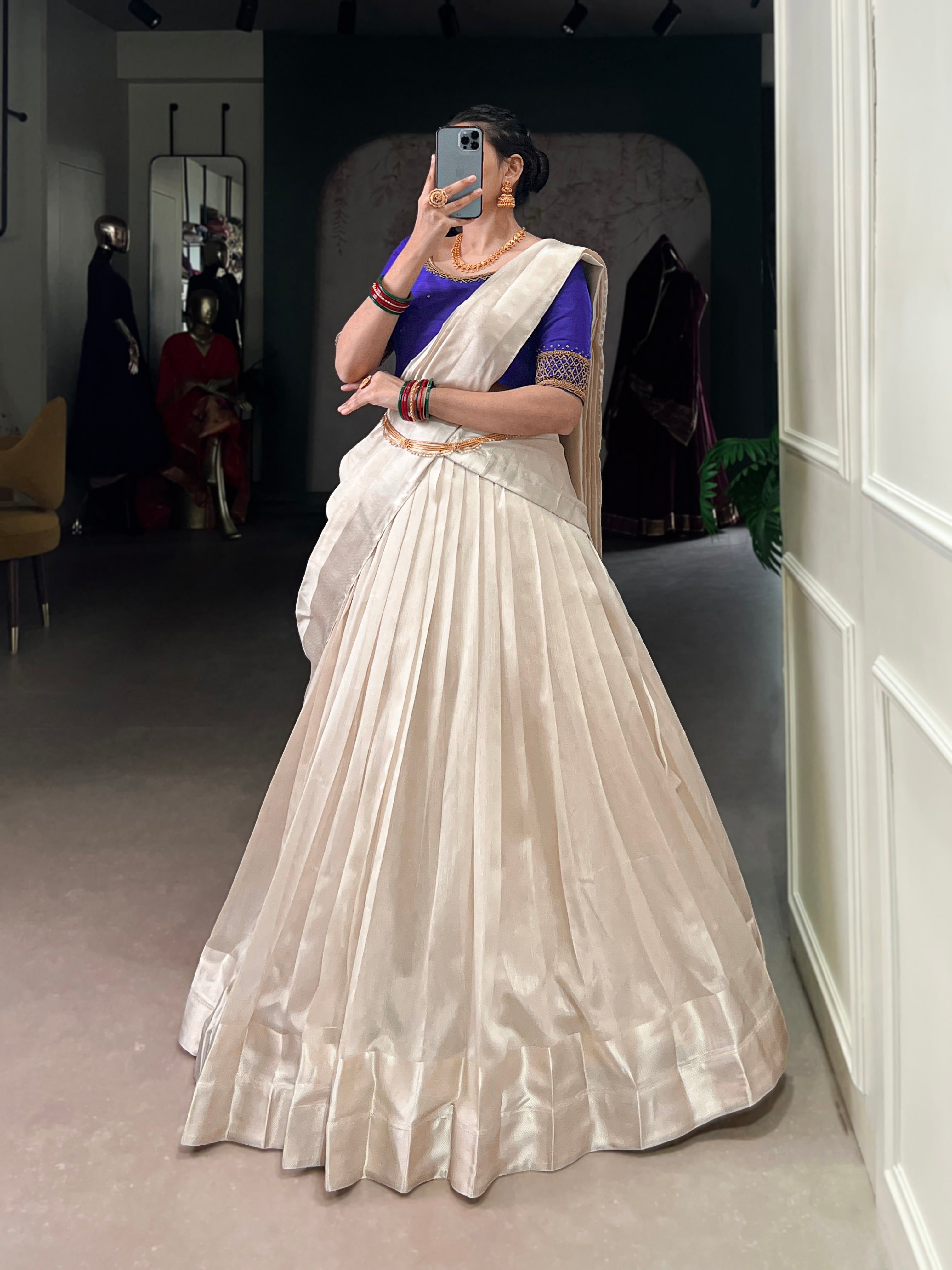 Lorenvalley Fashion White Poly Tasar Viscose Border Lehenga Choli with Dupatta