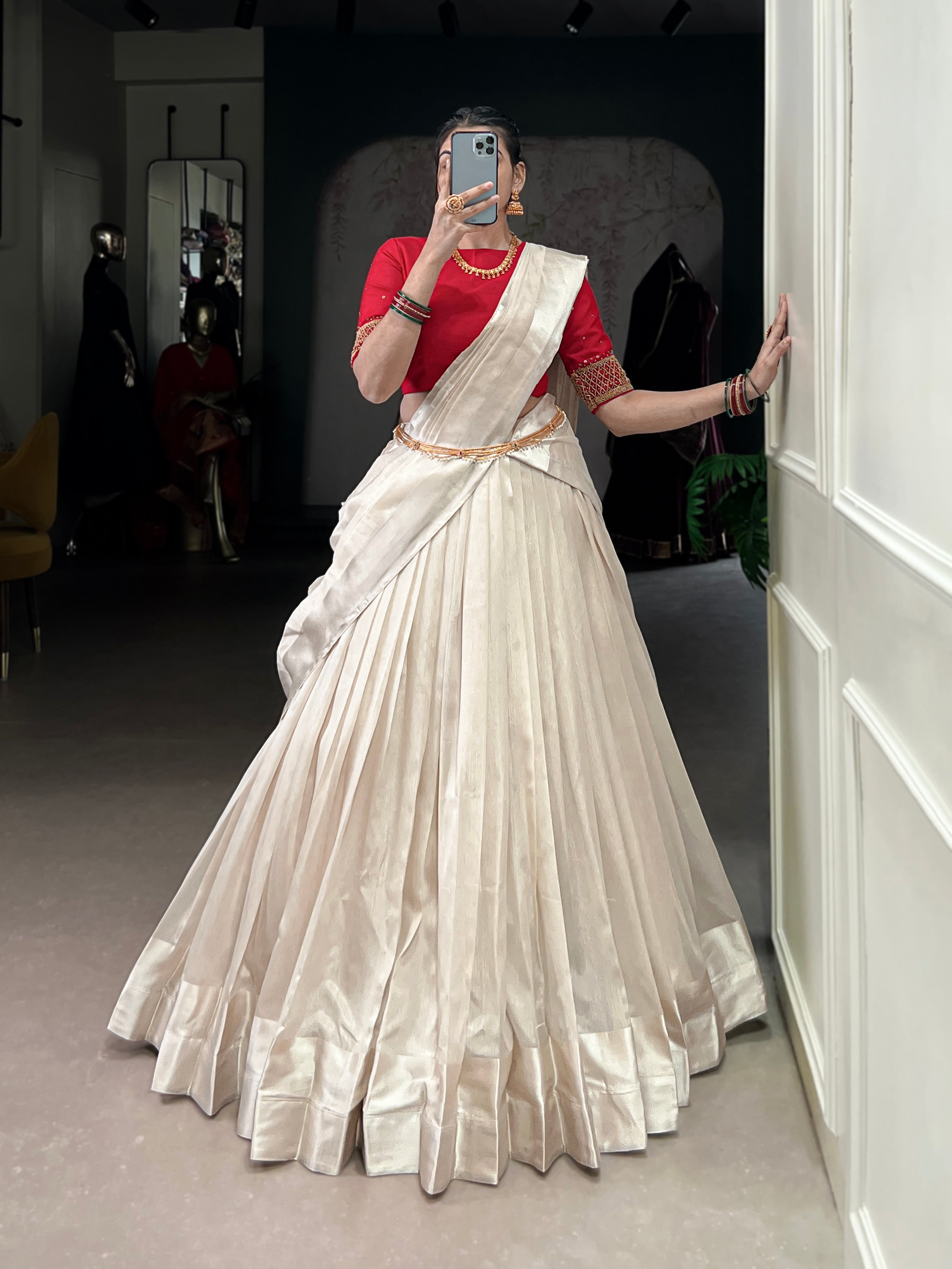 Lorenvalley Fashion White Poly Tasar Viscose Border Lehenga Choli with Dupatta