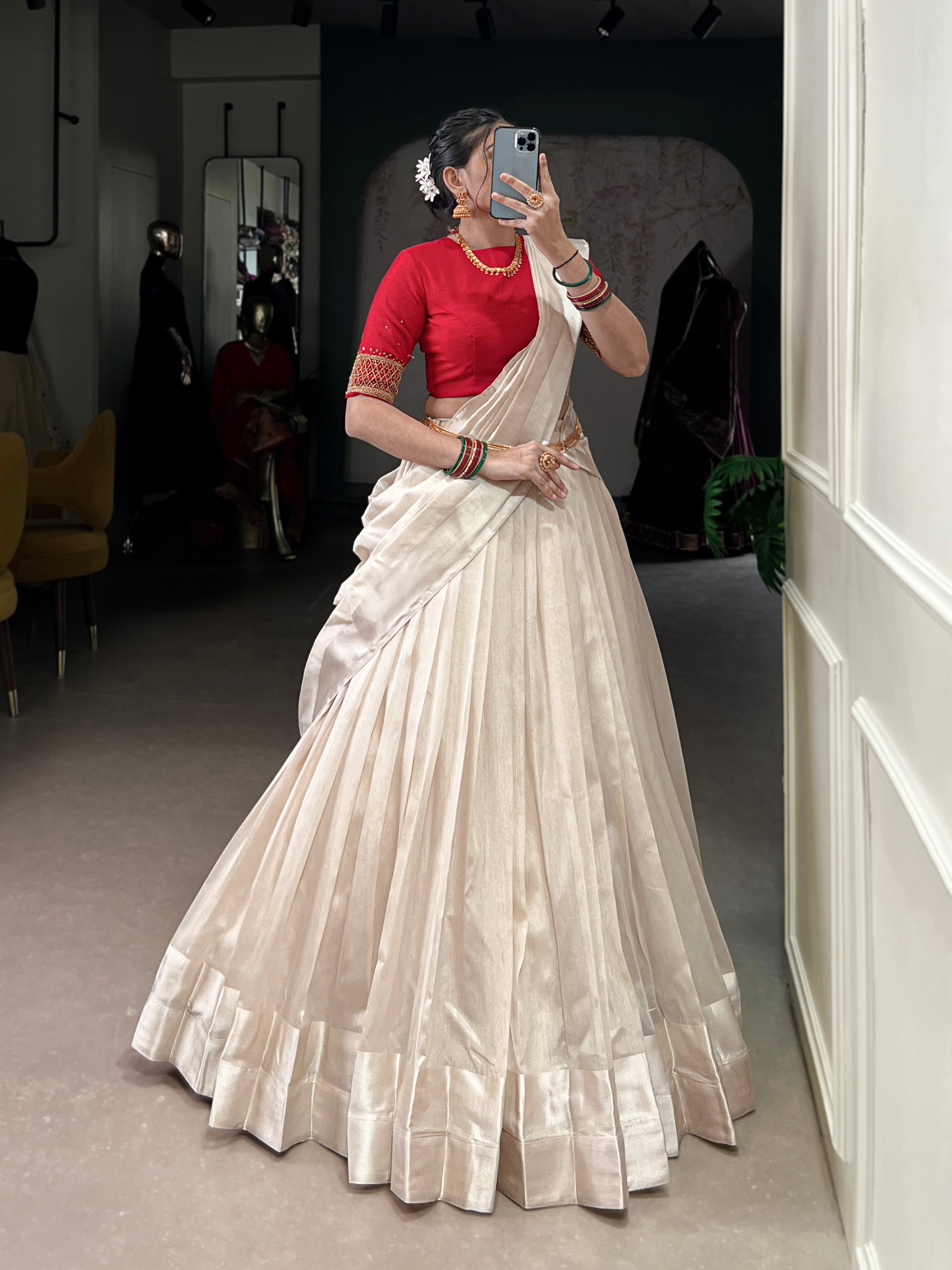 Lorenvalley Fashion White Poly Tasar Viscose Border Lehenga Choli with Dupatta