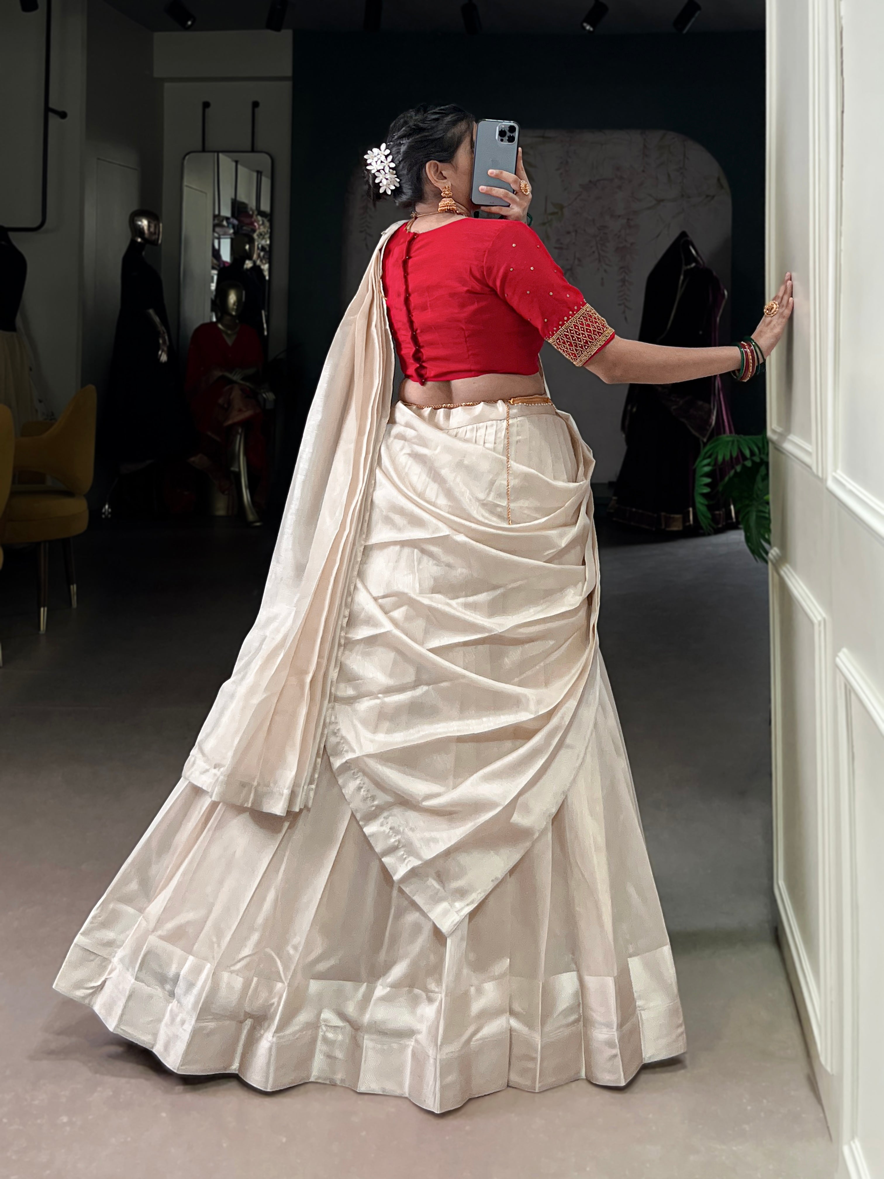 Lorenvalley Fashion White Poly Tasar Viscose Border Lehenga Choli with Dupatta