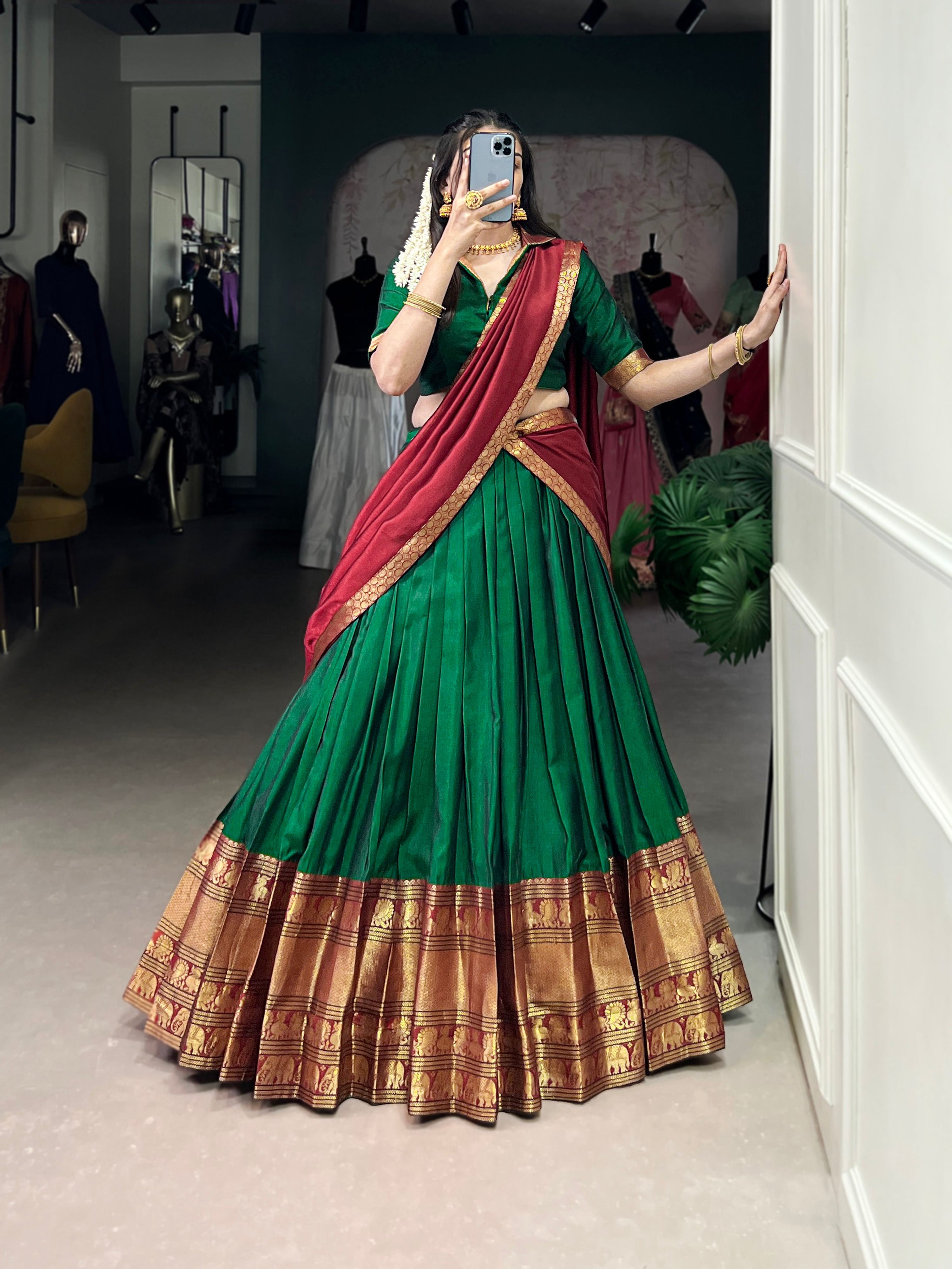 Lorenvalley Fashion Green Narayan Pet Silk Zari Weaving Work Lehenga Choli with Dupatta
