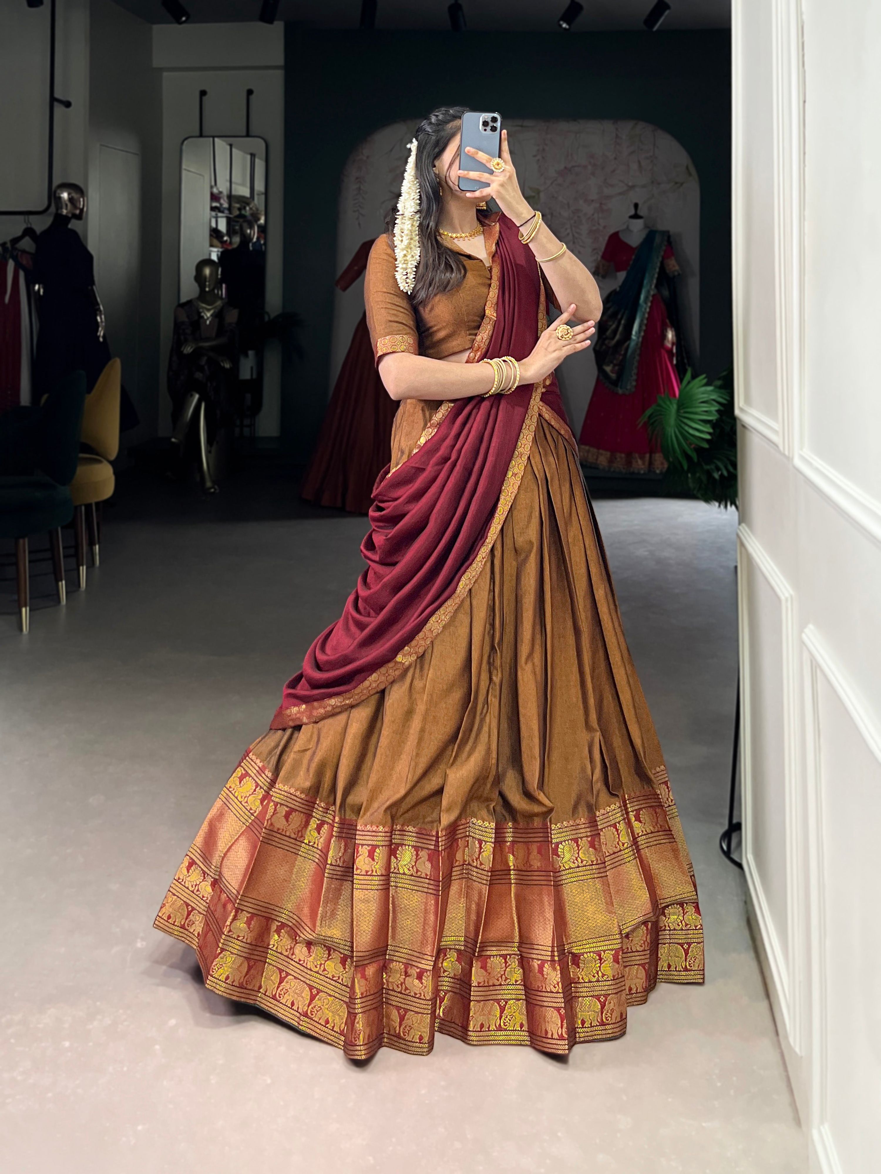 Lorenvalley Fashion Mustard Narayan Pet Silk Zari Weaving Work Lehenga Choli with Dupatta
