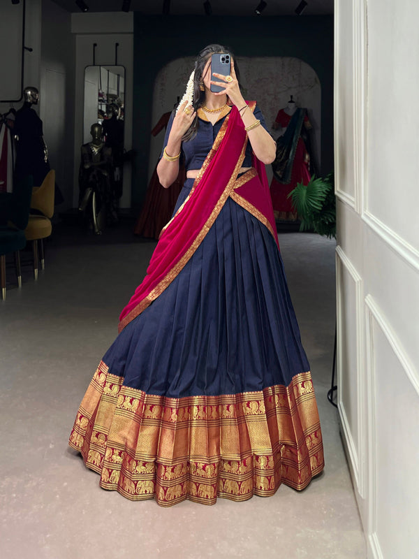 Lorenvalley Fashion Navyblue Narayan Pet Silk Zari Weaving Work Lehenga Choli with Dupatta