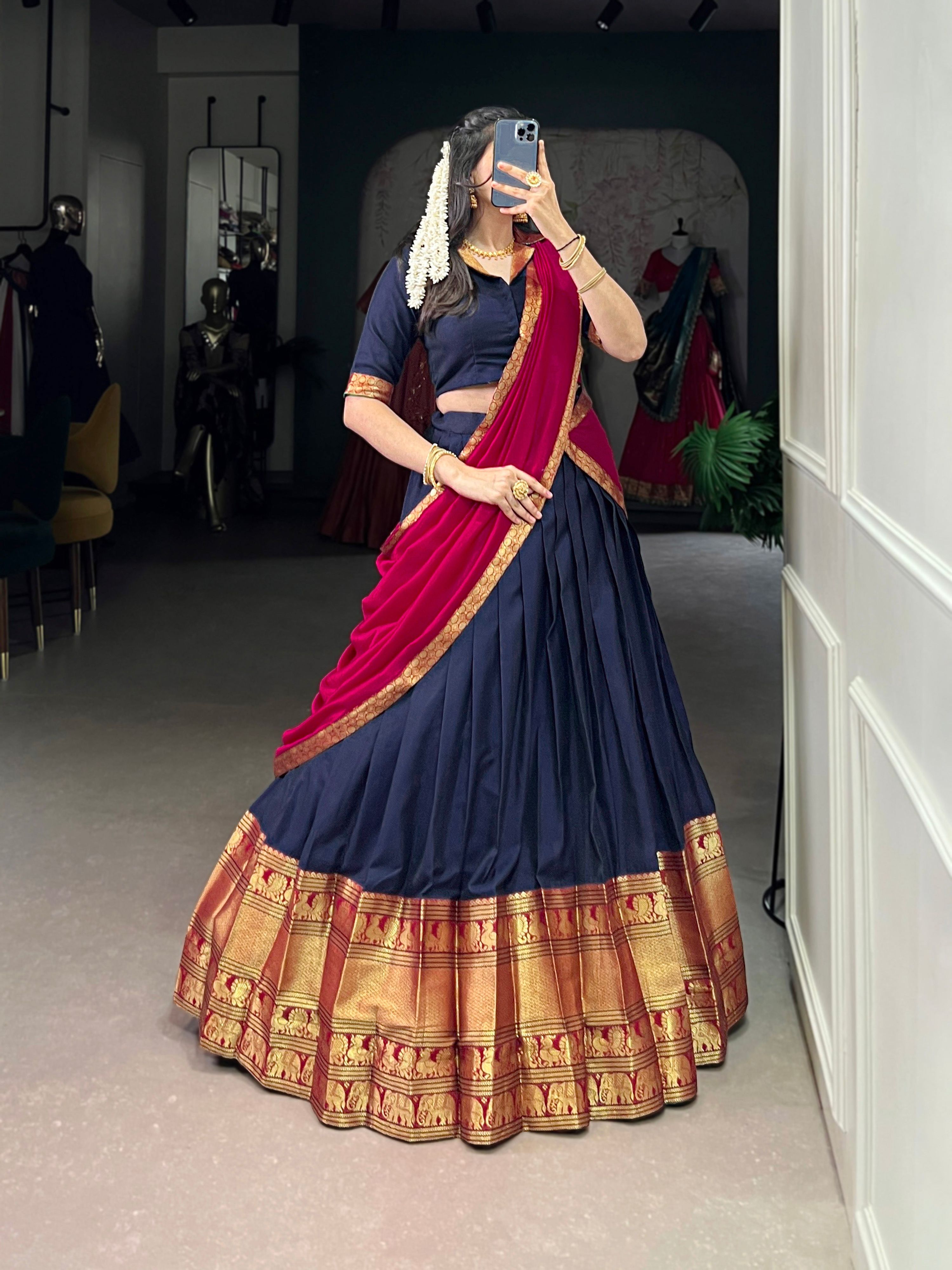 Lorenvalley Fashion Navyblue Narayan Pet Silk Zari Weaving Work Lehenga Choli with Dupatta