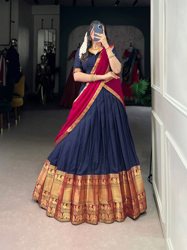 Lorenvalley Fashion Navyblue Narayan Pet Silk Zari Weaving Work Lehenga Choli with Dupatta