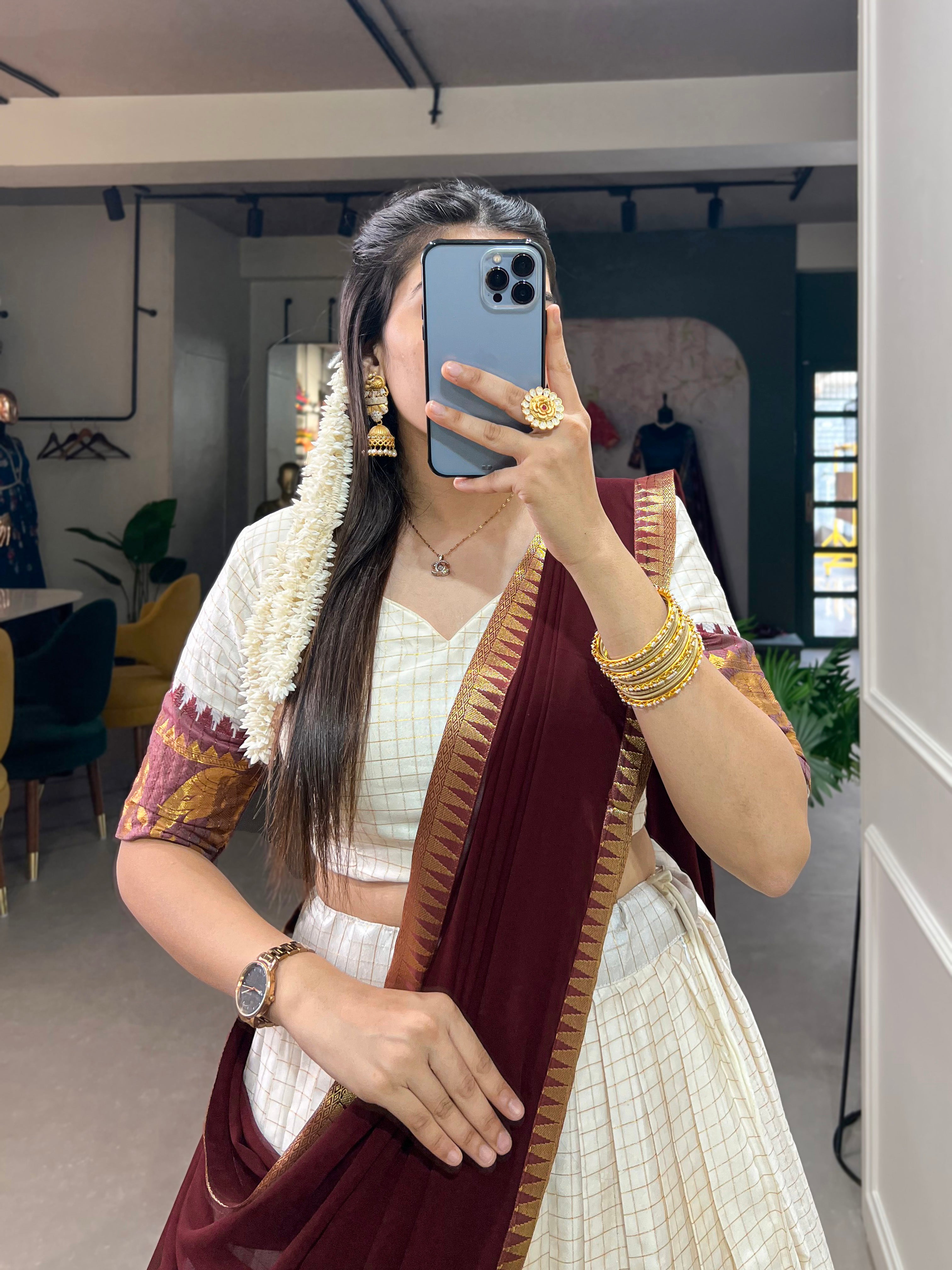 Lorenvalley White Poly Cotton Chex With Zari Weaving Work Lehenga Choli with Dupatta