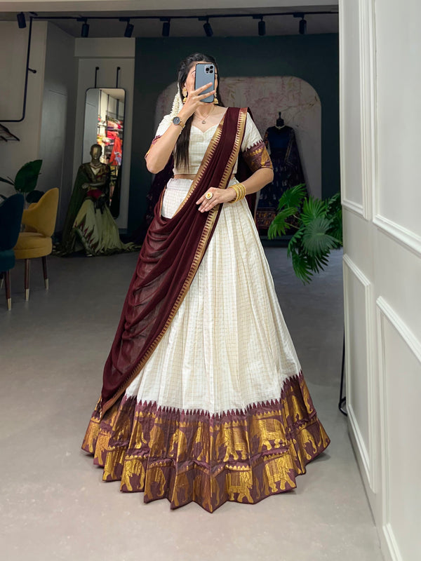 Lorenvalley White Poly Cotton Chex With Zari Weaving Work Lehenga Choli with Dupatta