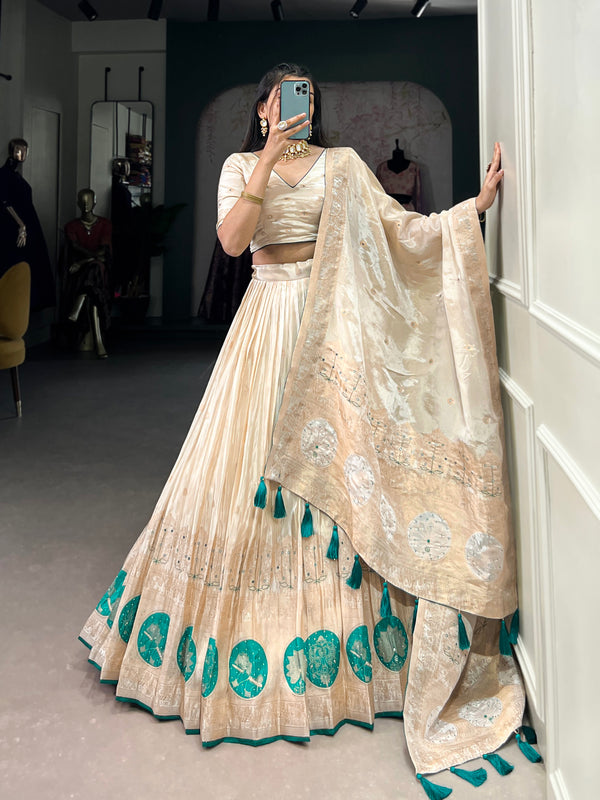 Lorenvalley Off White Pure Shimmer With Weaving Work with Mirror And Beads (Moti) Hand Work Lehenga Choli - Distacart