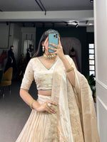 Thumbnail for Lorenvalley Off White Pure Shimmer With Weaving Work with Mirror And Beads (Moti) Hand Work Lehenga Choli - Distacart