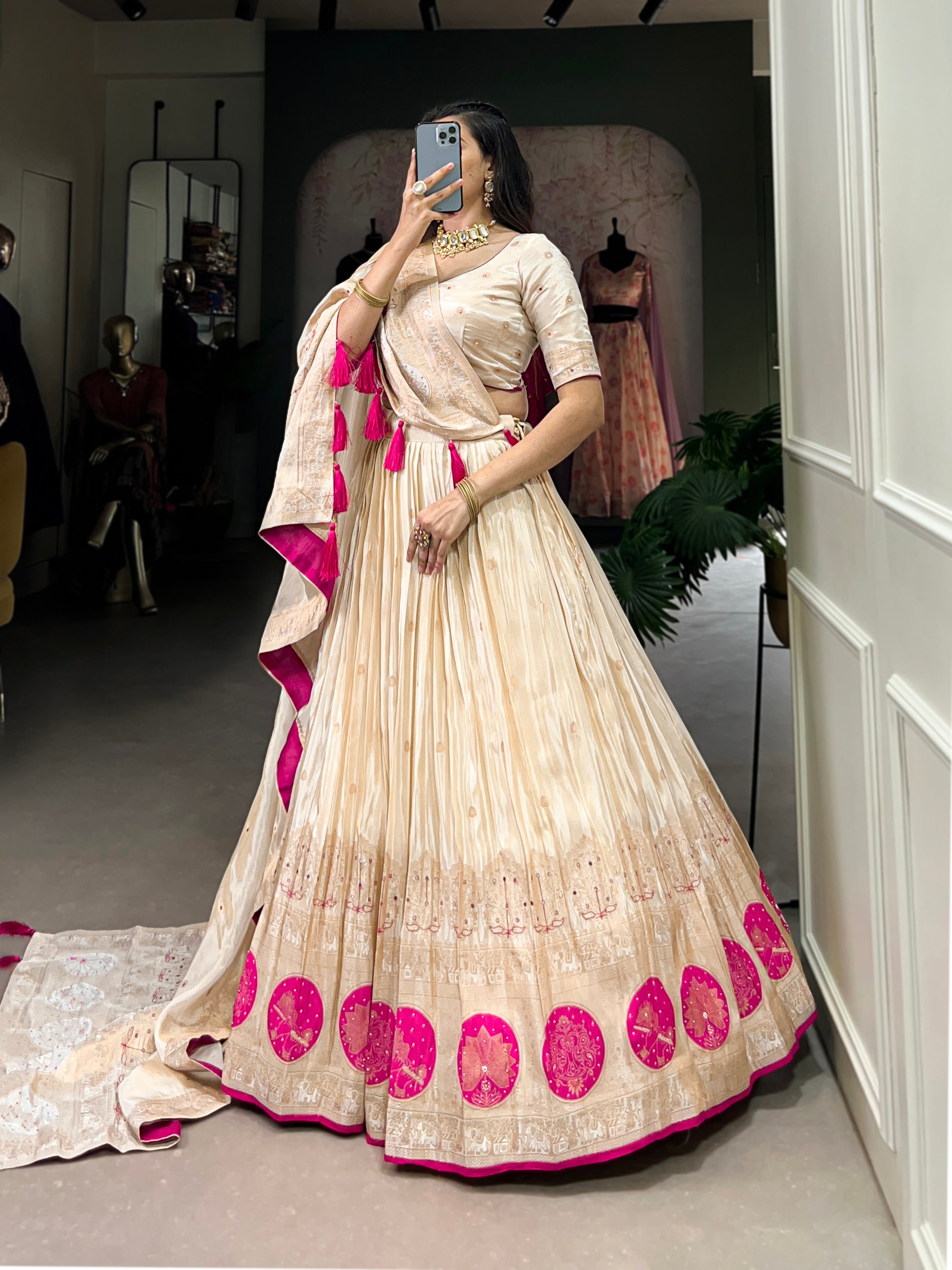 Lorenvalley Off White Pure Shimmer With Weaving Work with Mirror And Beads (Moti) Hand Work Lehenga Choli - Distacart