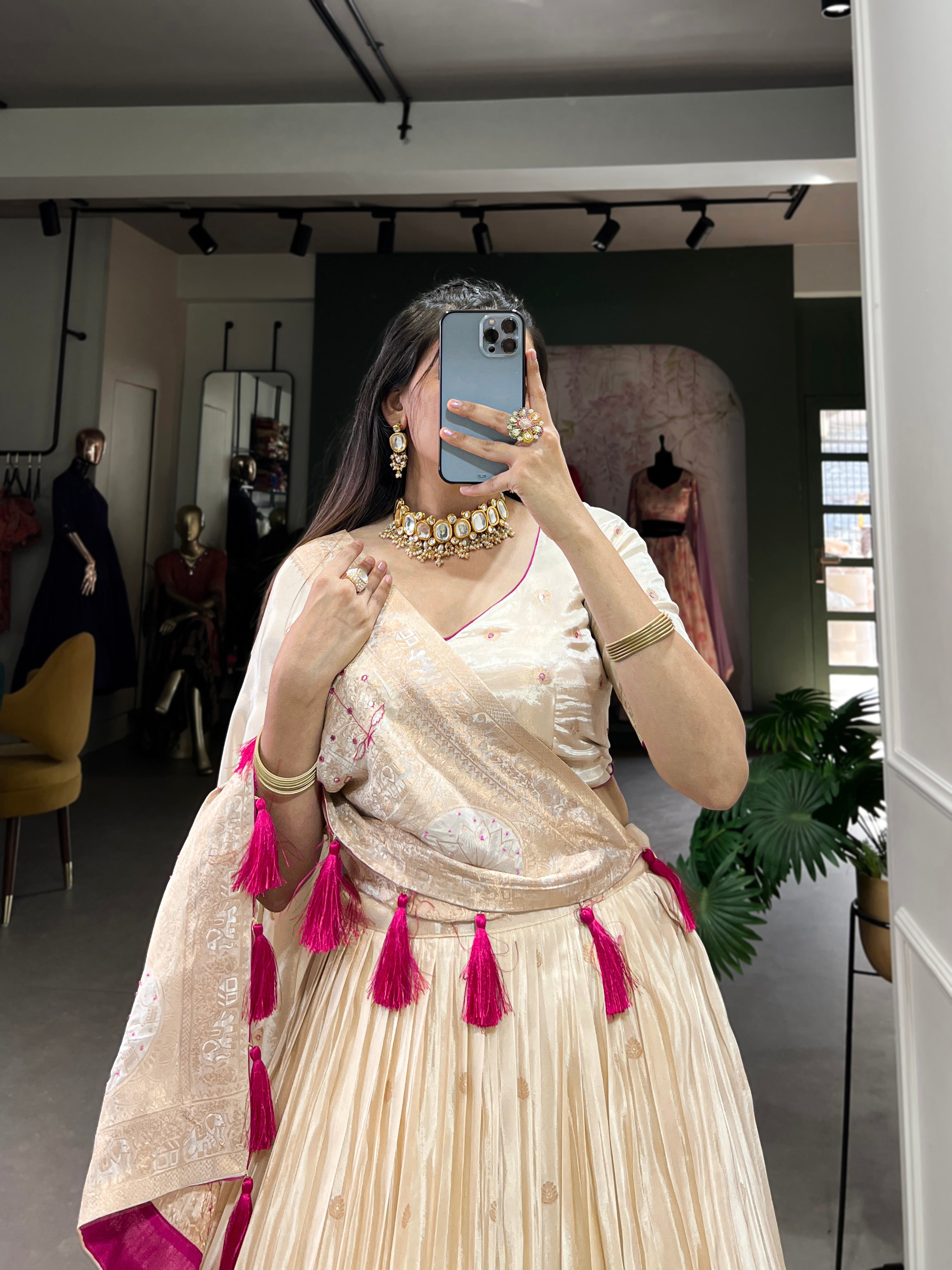 Lorenvalley Off White Pure Shimmer With Weaving Work with Mirror And Beads (Moti) Hand Work Lehenga Choli - Distacart