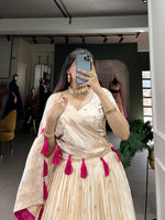 Thumbnail for Lorenvalley Off White Pure Shimmer With Weaving Work with Mirror And Beads (Moti) Hand Work Lehenga Choli - Distacart