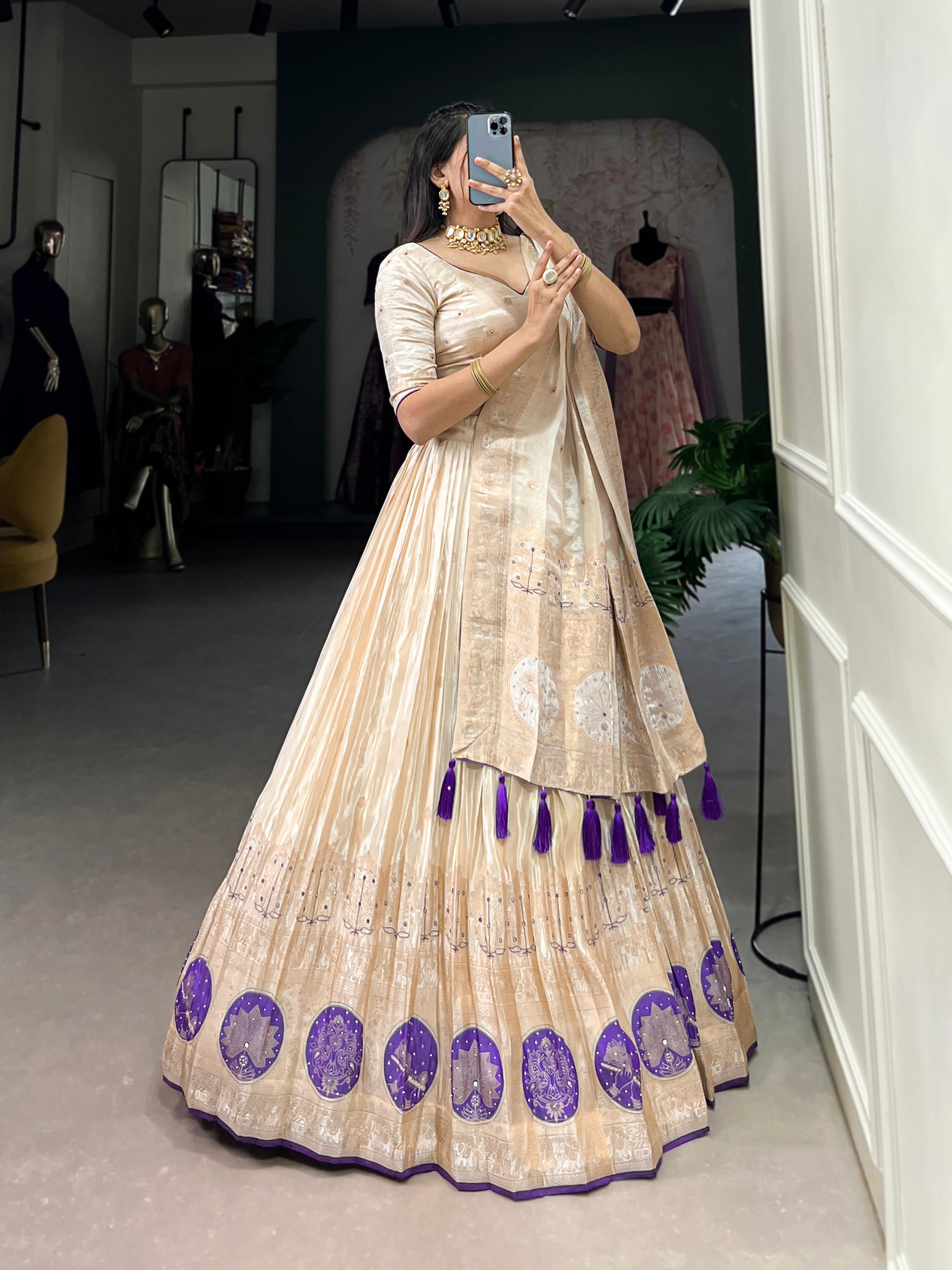 Lorenvalley Off White Pure Shimmer With Weaving Work with Mirror And Beads (Moti) Hand Work Lehenga Choli - Distacart