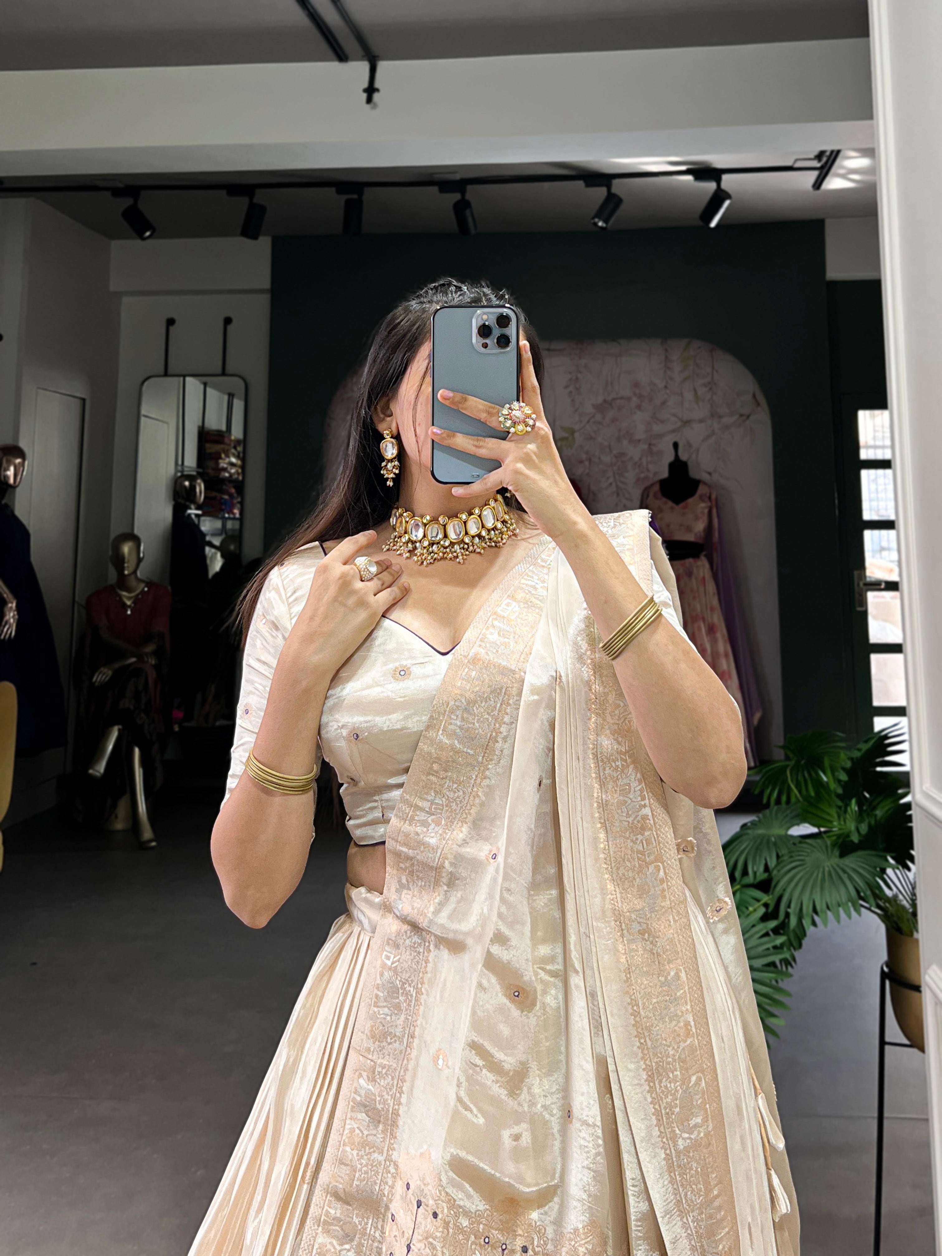 Lorenvalley Off White Pure Shimmer With Weaving Work with Mirror And Beads (Moti) Hand Work Lehenga Choli - Distacart