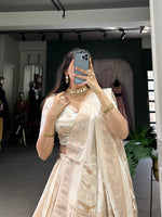 Thumbnail for Lorenvalley Off White Pure Shimmer With Weaving Work with Mirror And Beads (Moti) Hand Work Lehenga Choli - Distacart