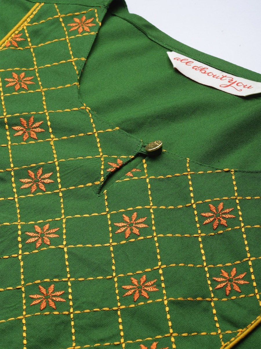 All About You Women Green Ethnic Motifs Yoke Design Keyhole Neck Straight Kurta - Distacart