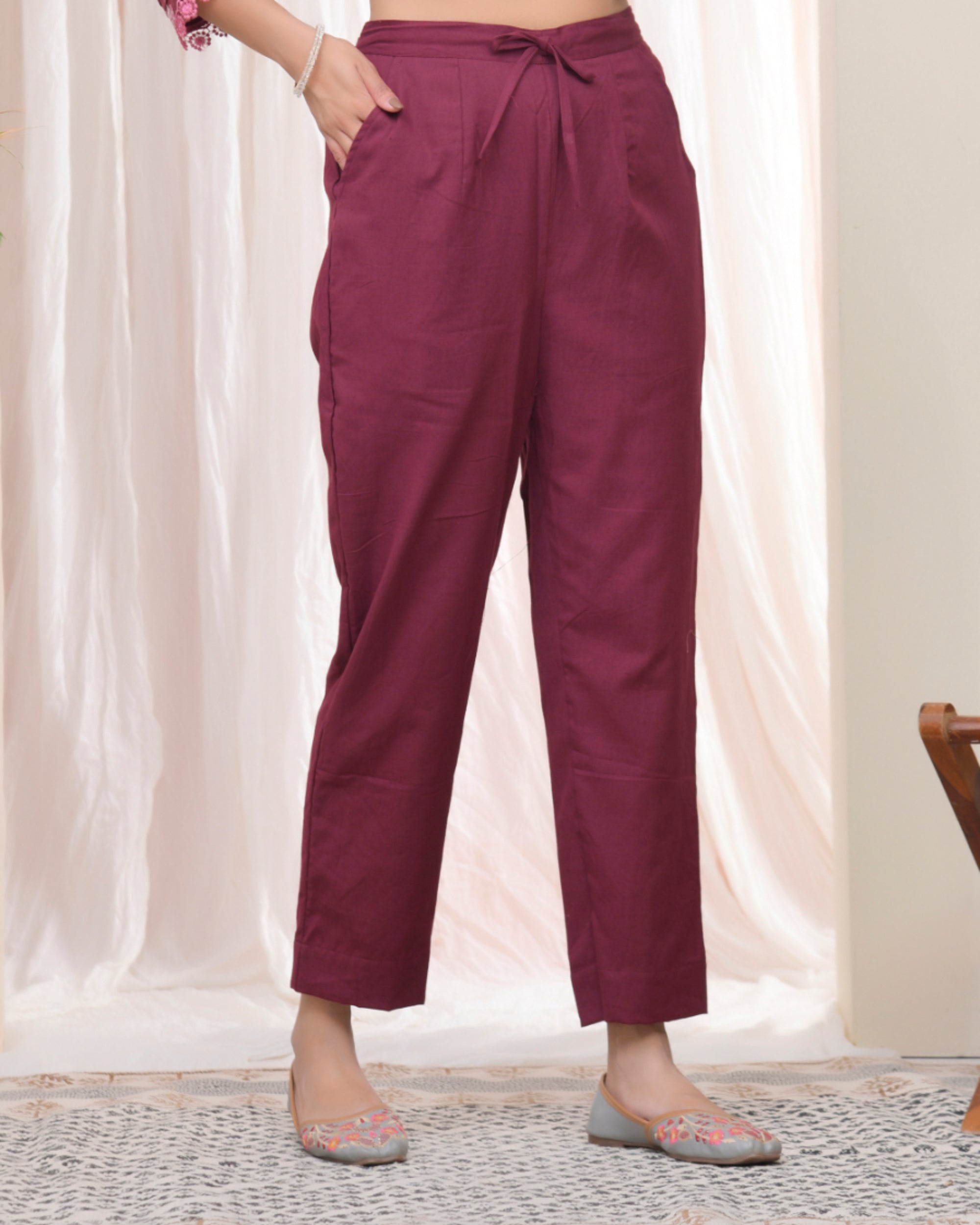 Vaasva Women Magenta Cotton Flax Solid Straight Pants