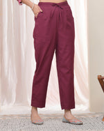 Thumbnail for Vaasva Women Magenta Cotton Flax Solid Straight Pants